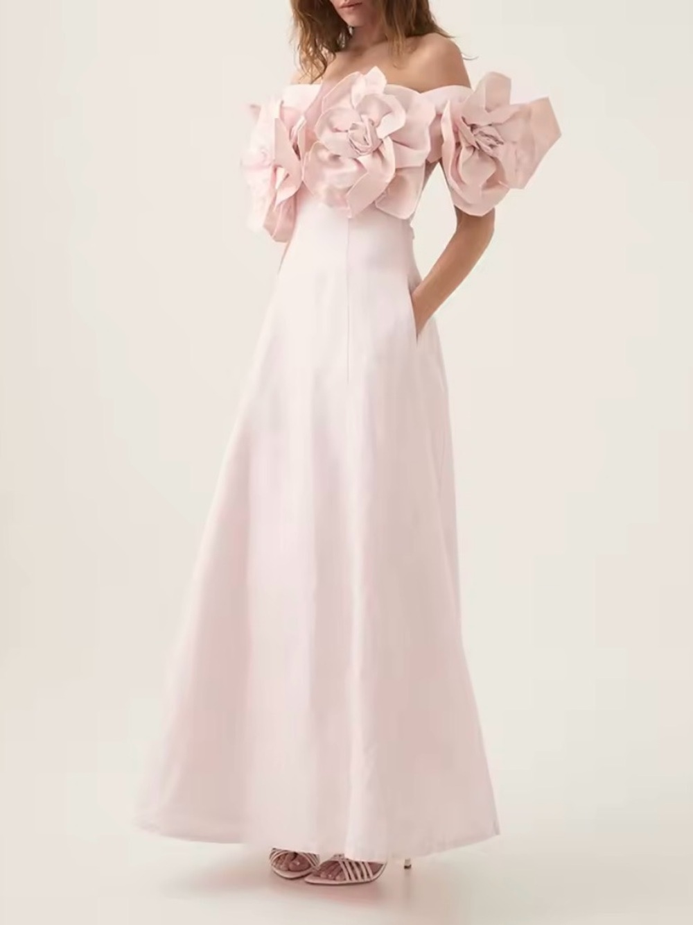 Off-Shoulder Pink Floral Appliqué Evening Gown